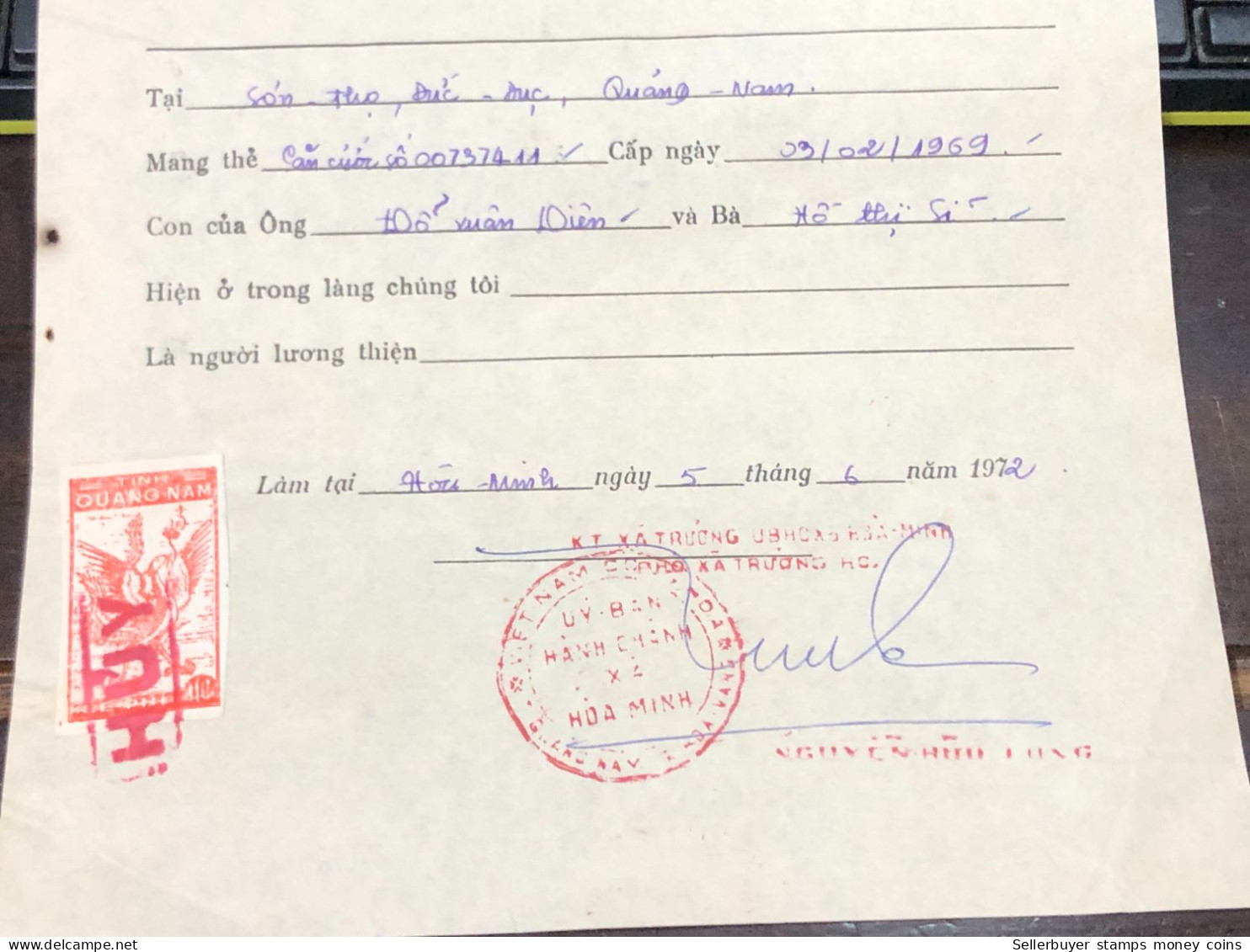 Viet Nam Suoth Old Documents That Have Children Authenticated(10$ Quan Nam 1972) PAPER Have Wedge QUALITY:GOOD 1-PCS Ver - Collections