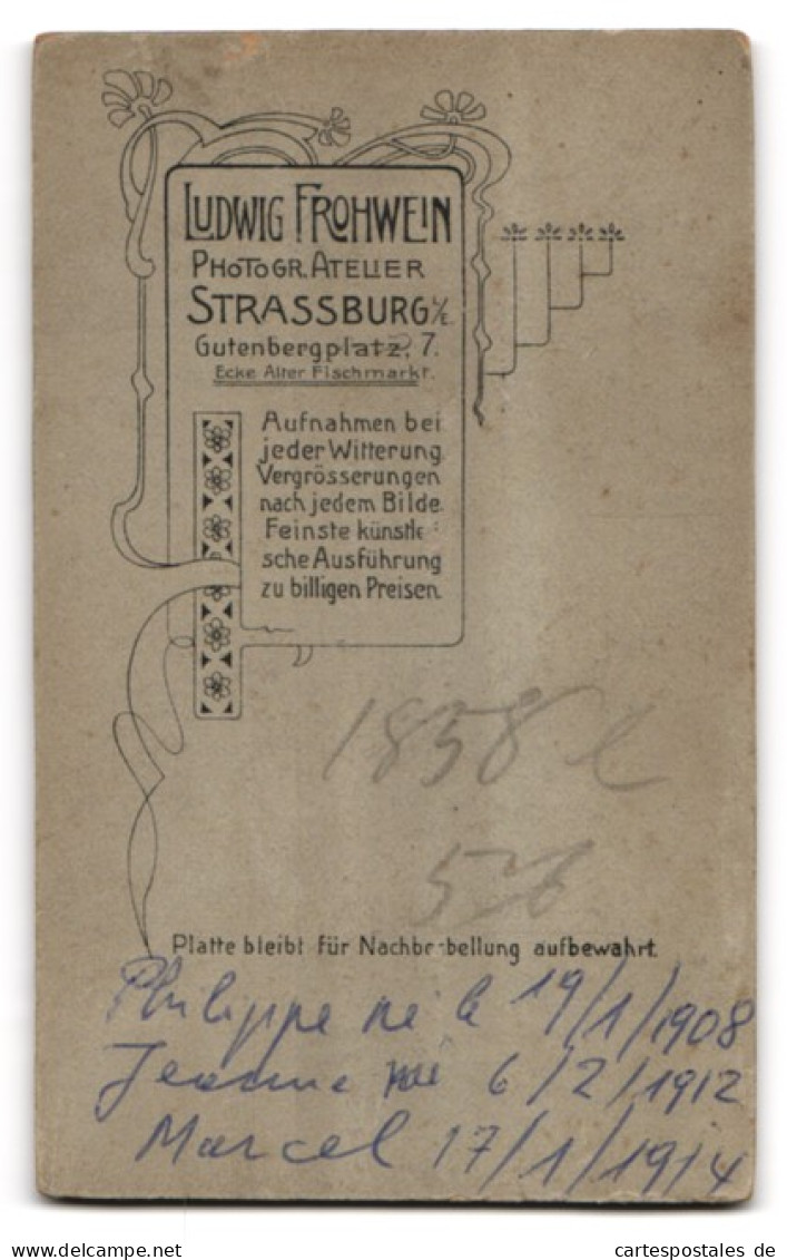 Photo Ludwig Frohwein, Strassburg I. E., Gutenbergplatz 7, Philippe, Jeanne Et Marcel In Sonntagsgarderobe  - Anonyme Personen