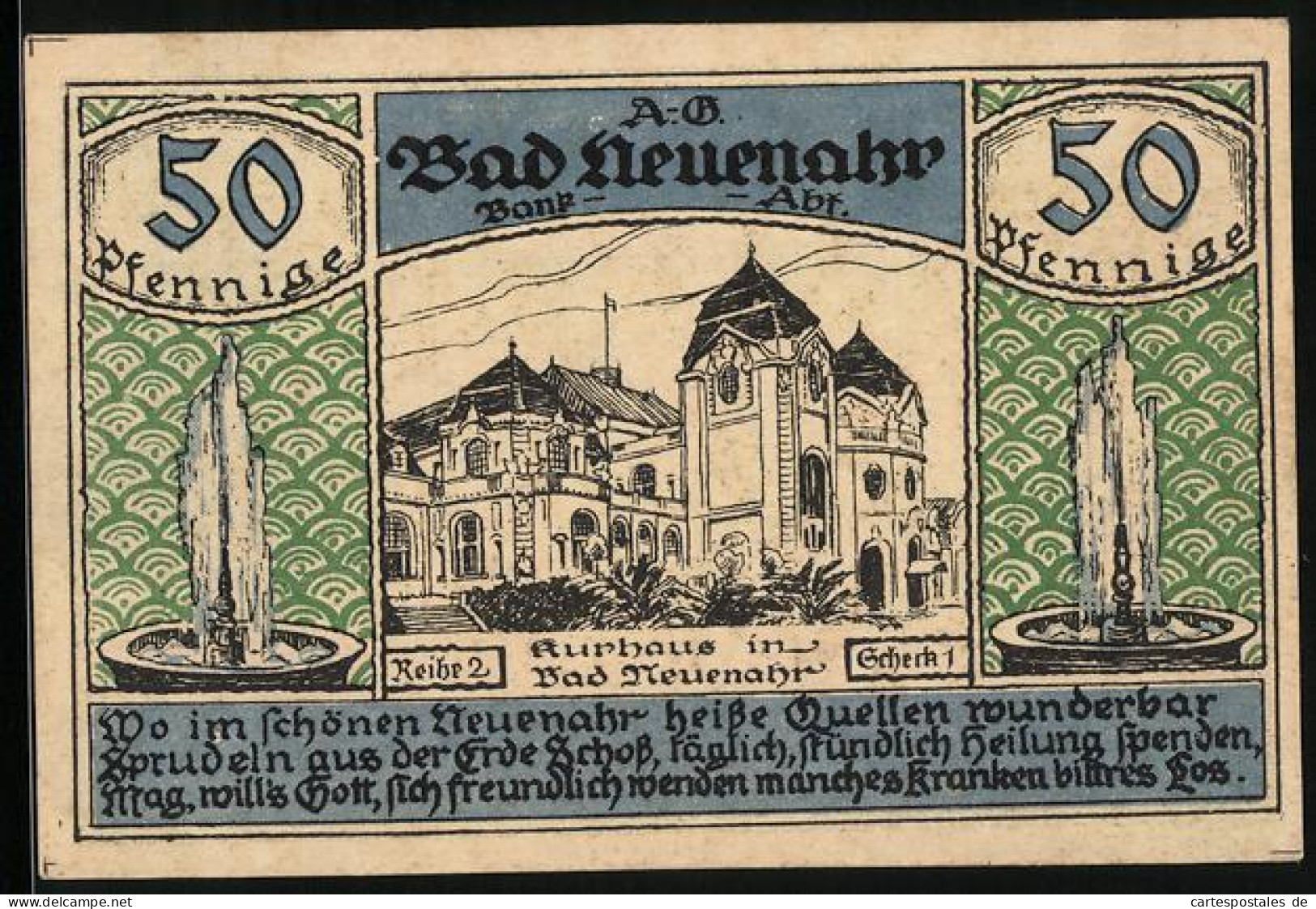 Notgeld Bad Neuenahr 1922, 50 Pfennig, Kurhaus, Sprudel  - Lokale Ausgaben