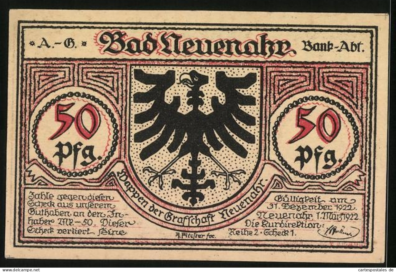 Notgeld Bad Neuenahr 1922, 50 Pfennig, Kurhaus, Sprudel  - Lokale Ausgaben