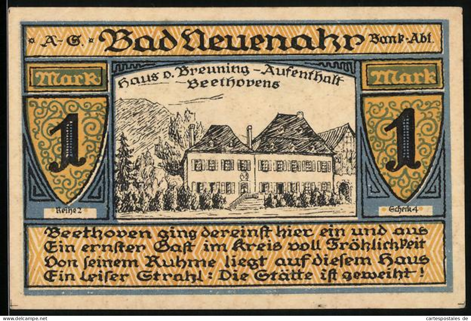 Notgeld Bad Neuenahr 1922, 1 Mark, Haus V. Breuning, Aufenthalt Beethovens  - Lokale Ausgaben