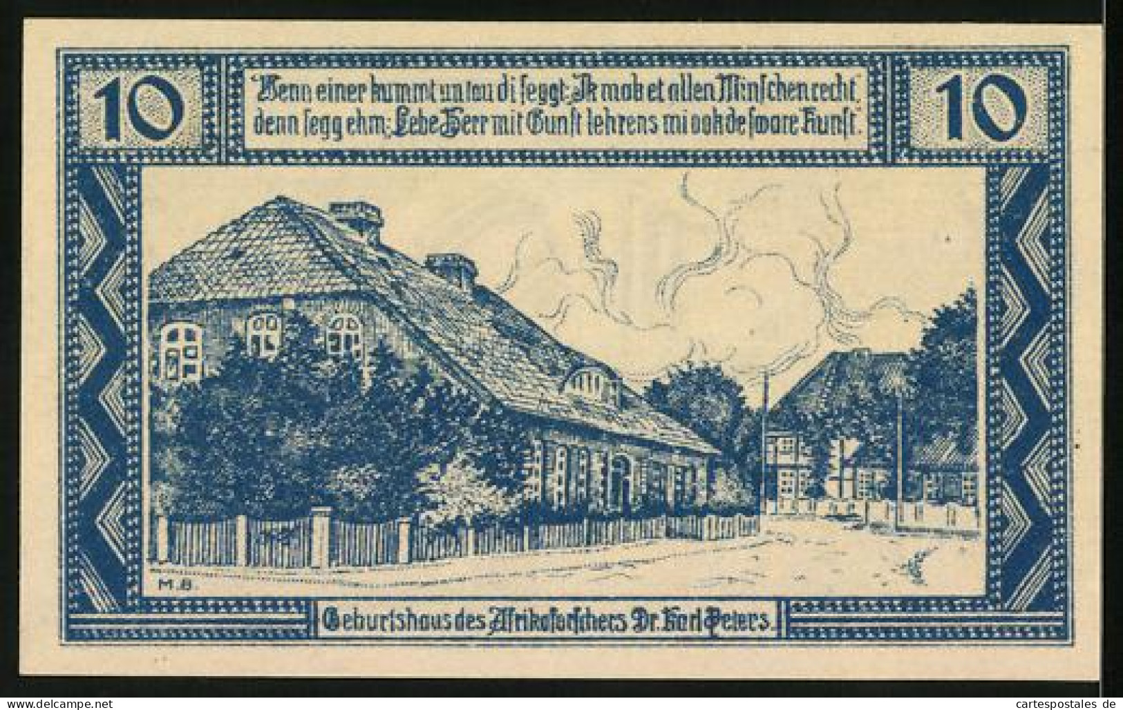 Notgeld Neuhaus A. Elbe 1921, 10 Pfennig, Geburtshaus Des Afrikaforschers Dr. Karl Peters  - [11] Emissions Locales