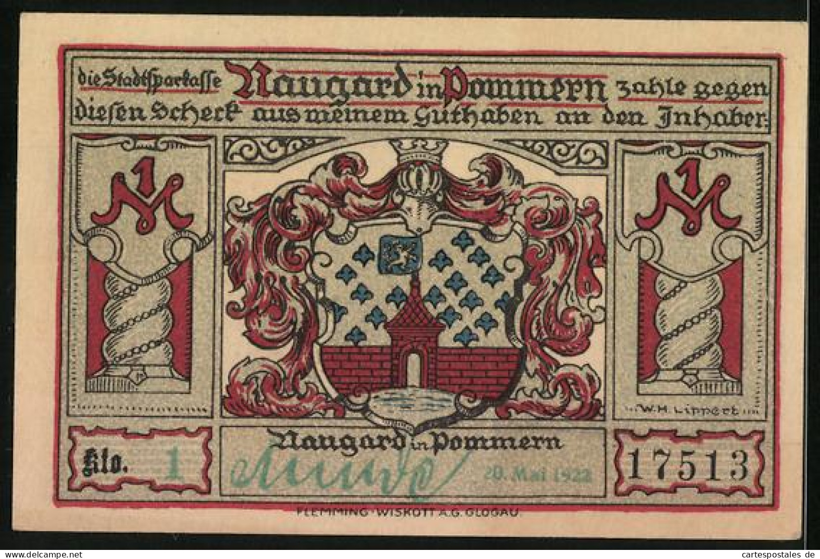 Notgeld Naugard In Pommern 1922, 1 Mark, Kirche, Bismarck, Schill  - Lokale Ausgaben