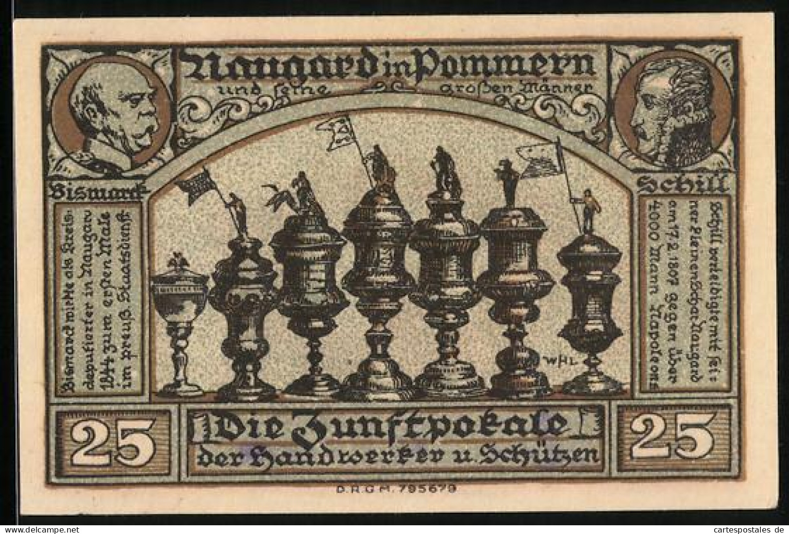 Notgeld Naugard In Pommern 1922, 25 Pfennig, Die Zunftpokale Der Handwerker Und Schützen, Bismarck, Schill  - Lokale Ausgaben