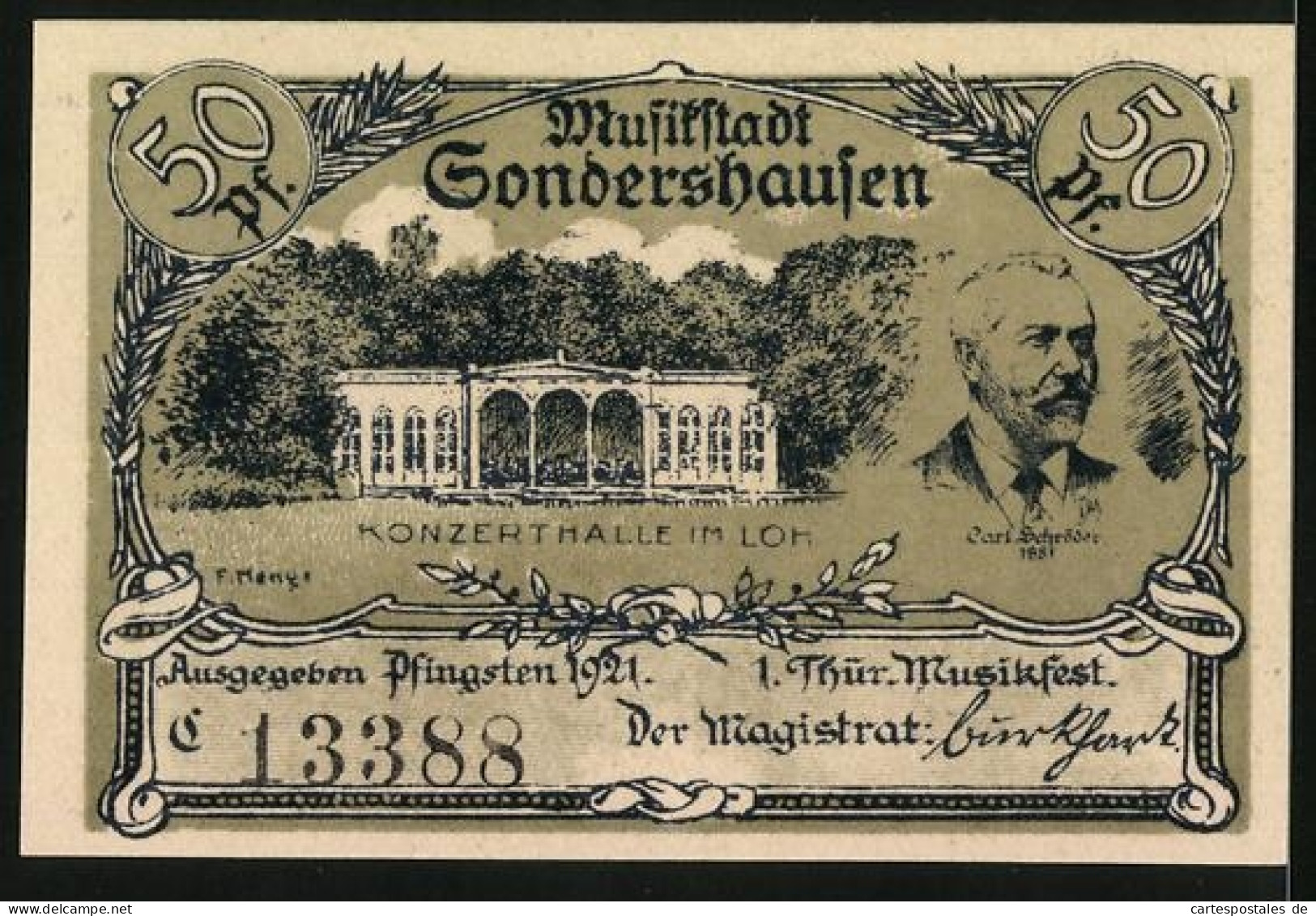 Notgeld Sondershausen 1921, 50 Pfennig, 1. Thür. Musikfest, Die Konzerthalle Im Loh, Carl Schröder  - Lokale Ausgaben