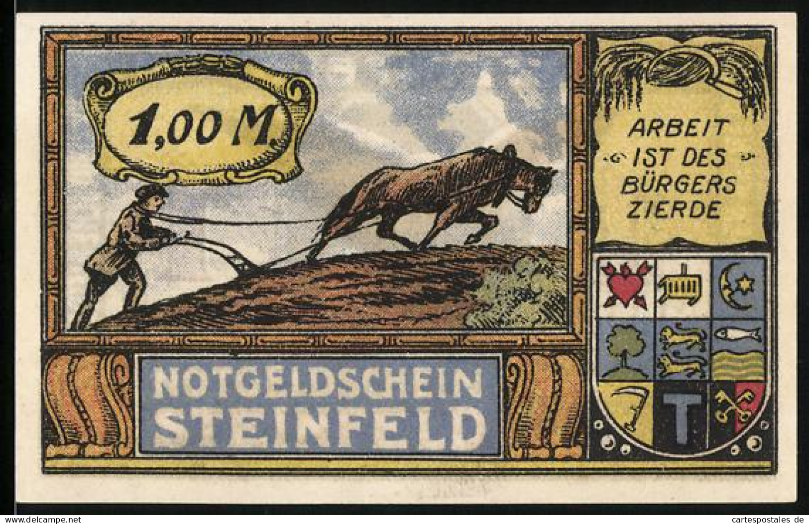 Notgeld Steinfeld 1920, 1 Mark, Bauer Mit Pflug Und Adler Mit Fahne  - Lokale Ausgaben