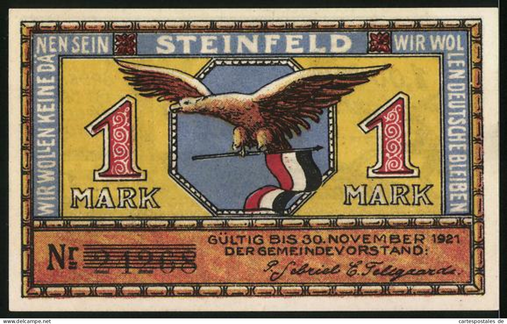 Notgeld Steinfeld 1920, 1 Mark, Bauer Mit Pflug Und Adler Mit Fahne  - [11] Emissions Locales