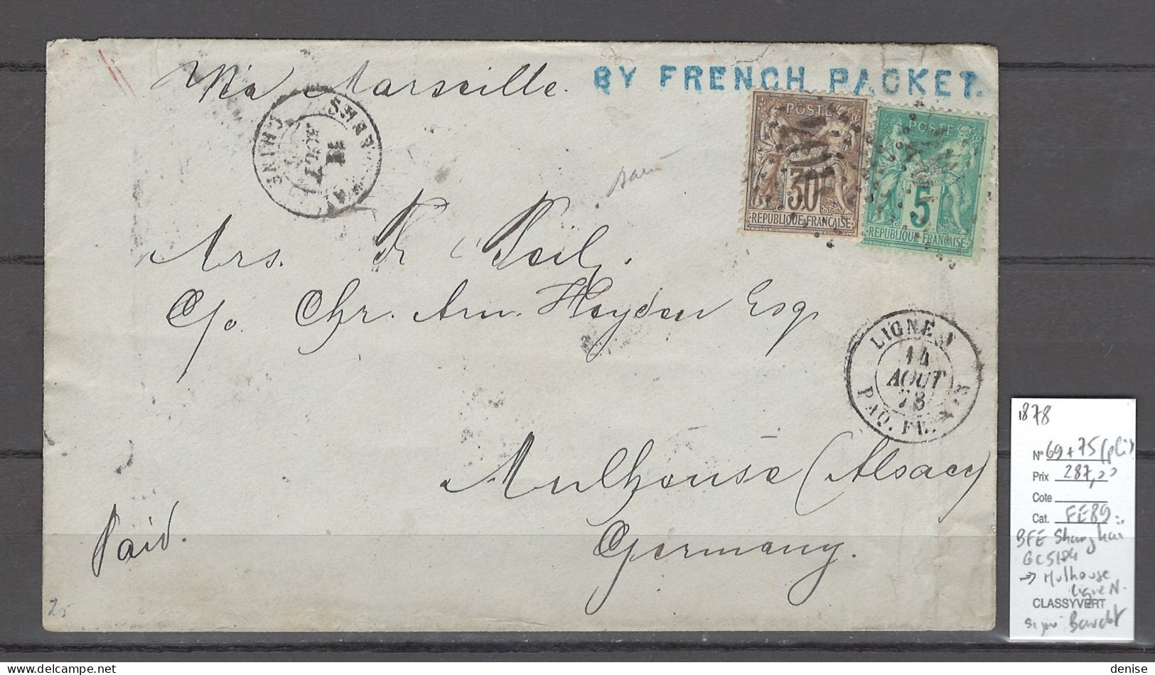 Chine - BFE De Shanghai Pour Mulhouse En Alsace Occupée - GC5104 - Ligne N -1878 - 1877-1920: Periodo Semi Moderno