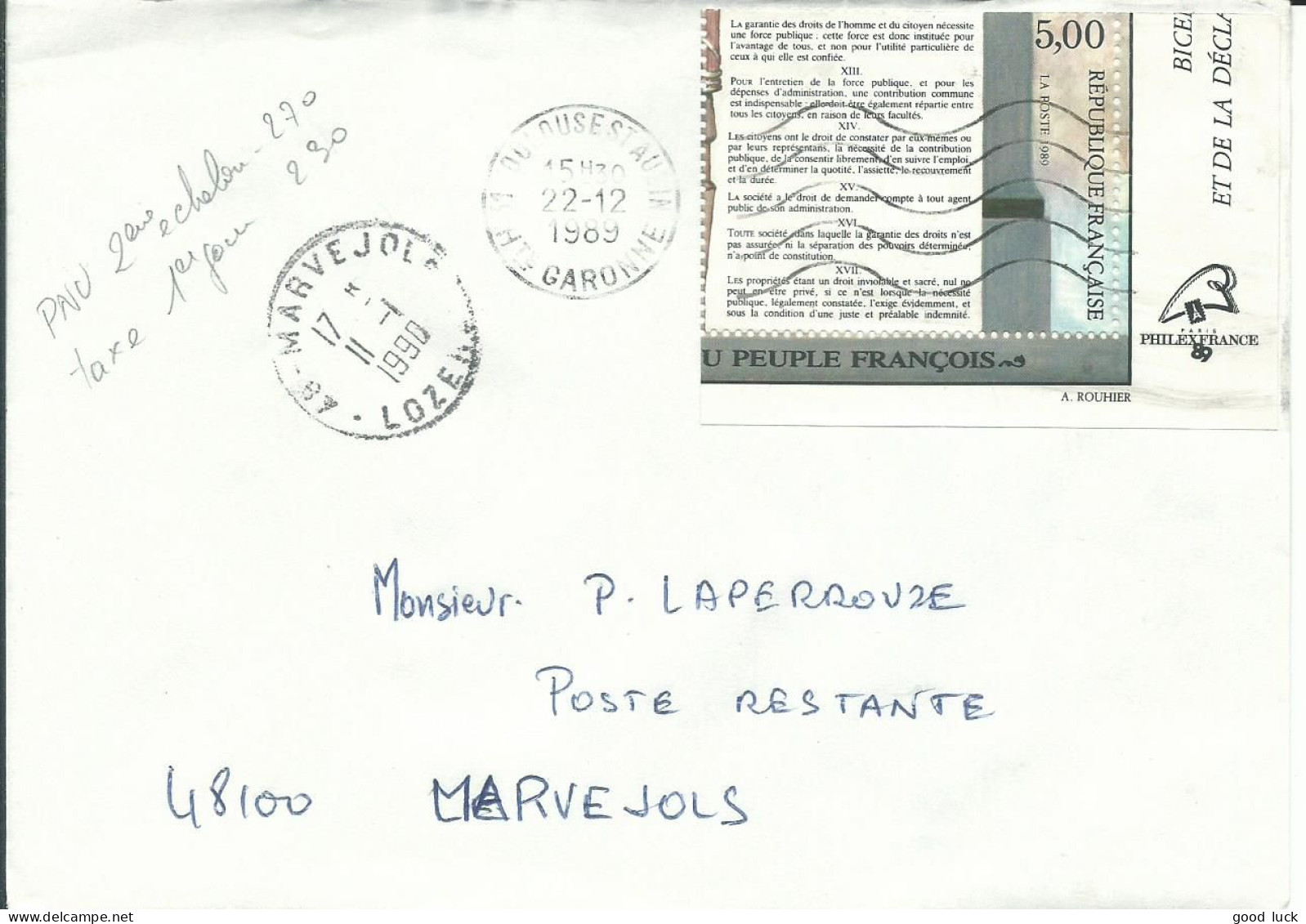 FRANCE LETTRE  5F TOULOUSE ( HAUTE GARONNE ) POUR MARVEJOLS ( LOZERE ) DE 1990  LETTRE COVER - Tarifas Postales