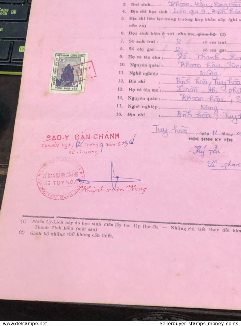 Viet Nam Suoth Old Documents That Have Children Authenticated(10$ Phu Yen 1973) PAPER Have Wedge QUALITY:GOOD 1-PCS Very - Sammlungen