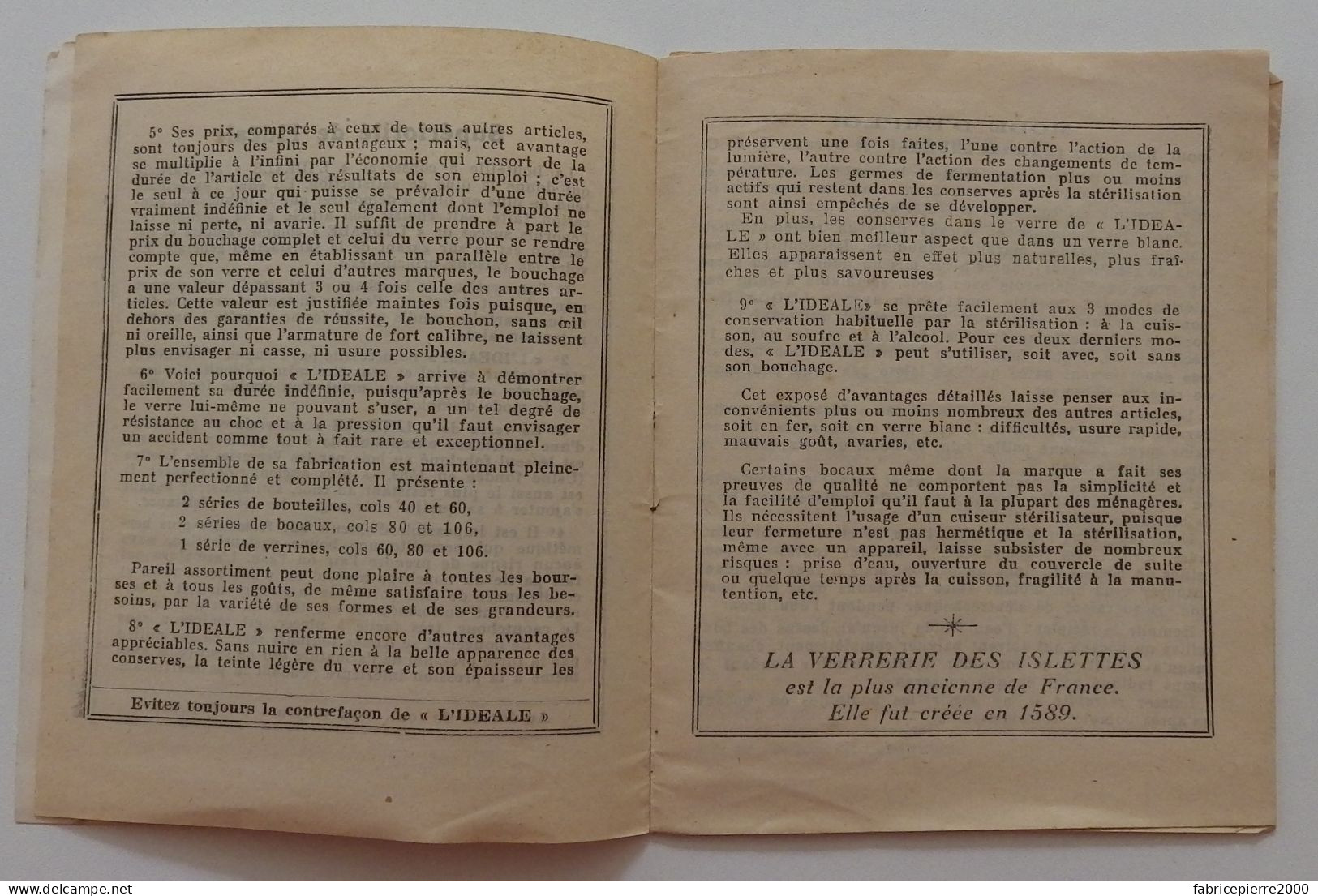 VERRERIE DES ISLETTES - L'Idéale - Carnet De Recettes 1950-1960 BON ETAT Meuse - Werbung