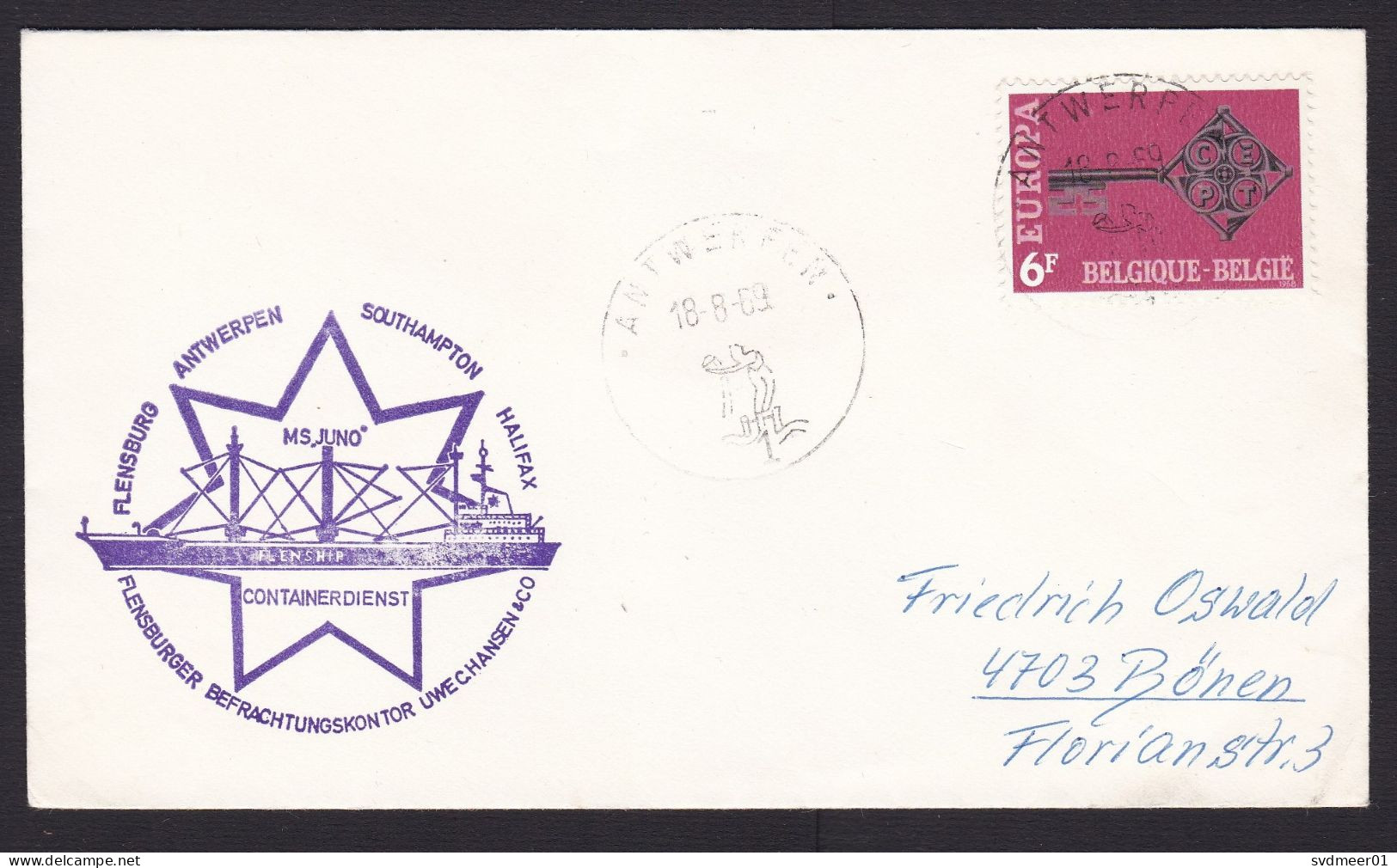 Belgium: Cover To Germany, 1969, 1 Stamp, Key, CEPT, Ship Cancel MS Juno, Uwe Hansen Shipping (stains At Back) - Cartas & Documentos