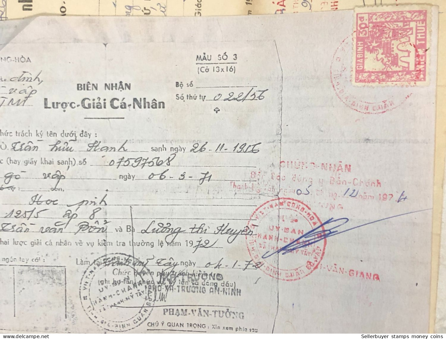 Viet Nam Suoth Old Documents That Have Children Authenticated(30 $ Gia Dinh 1974) PAPER Have Wedge QUALITY:GOOD 1-PCS Ve - Sammlungen