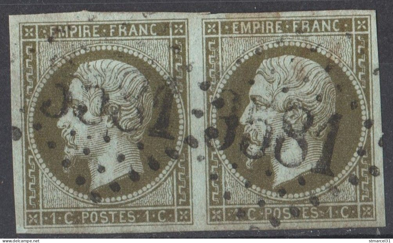 PIECE D'AMATEUR RRRR OBLI LGC Sur PAIRE N°11a VERT BRONZE - 1853-1860 Napoléon III
