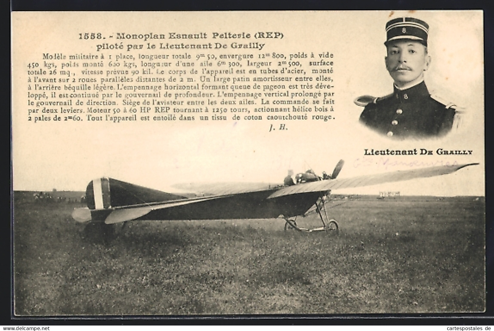 AK Monoplan Esnault Pelterie, Lieutenant De Grailly  - 1914-1918: 1ère Guerre