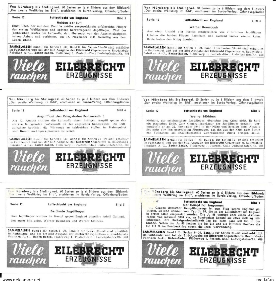 BZ12 - SERIE 6 IMAGES CIGARETTES EILEBRECHT BATAILLE D'ANGLETERRE - ERNST UDET ADOLF GALLAND WERNER MOLDERS WERNER BAUMB - 1939-45