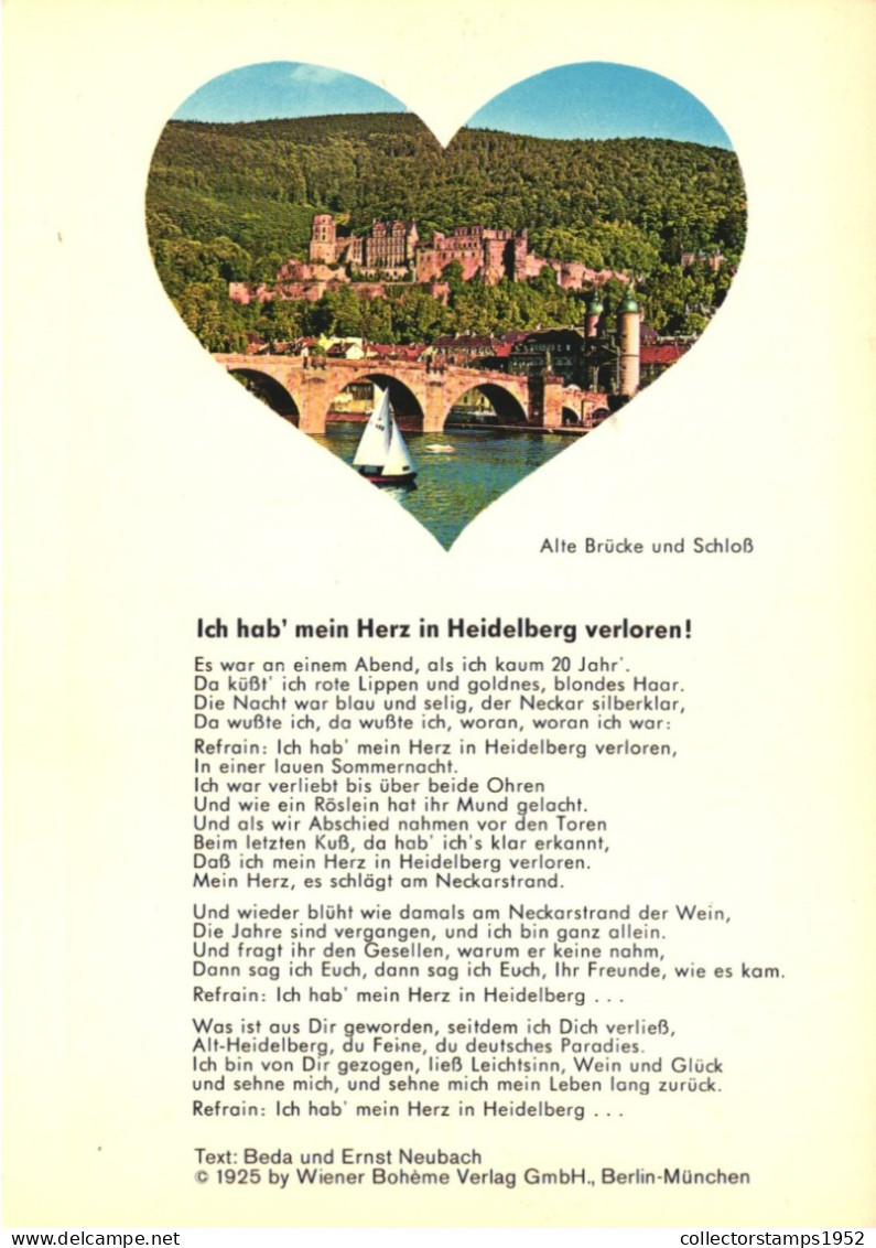 HEIDELBERG, BADEN WURTTEMBERG, ARCHITECTURE, BOAT, BRIDGE, CASTLE, TOWER, HEART SHAPE, GERMANY, POSTCARD - Heidelberg