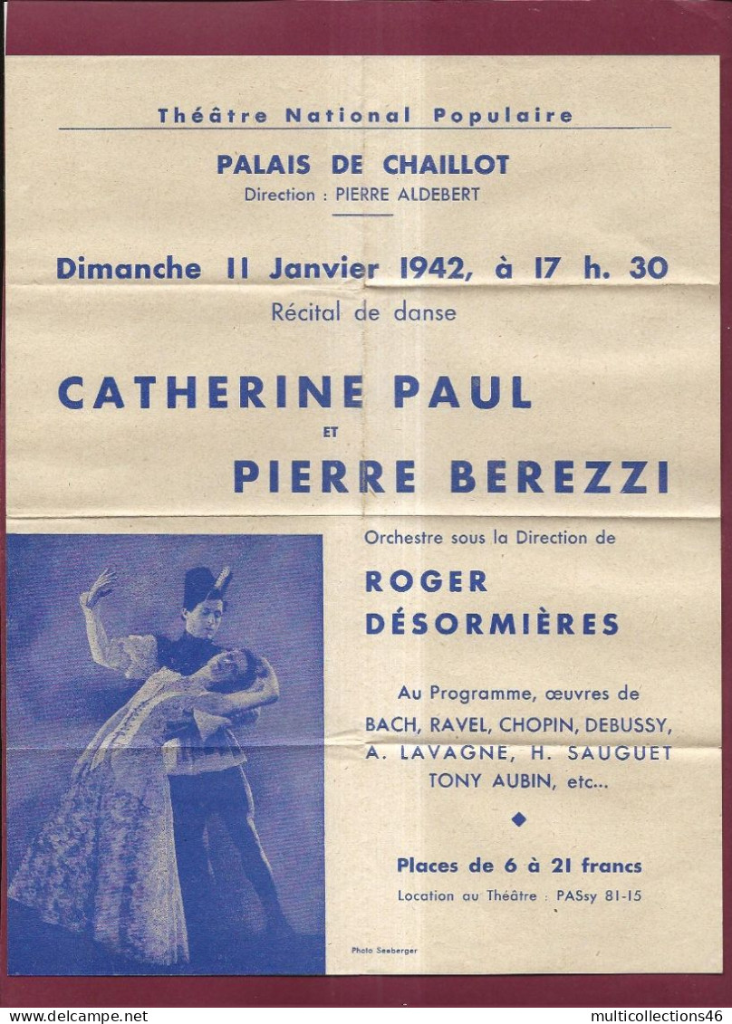 150524 - AFFICHETTE 1942 THEATRE NATIONAL POPULAIRE PALAIS CHAILLOT - DANSE C PAUL Et P BEREZZI Photo Seeberger - Affiches