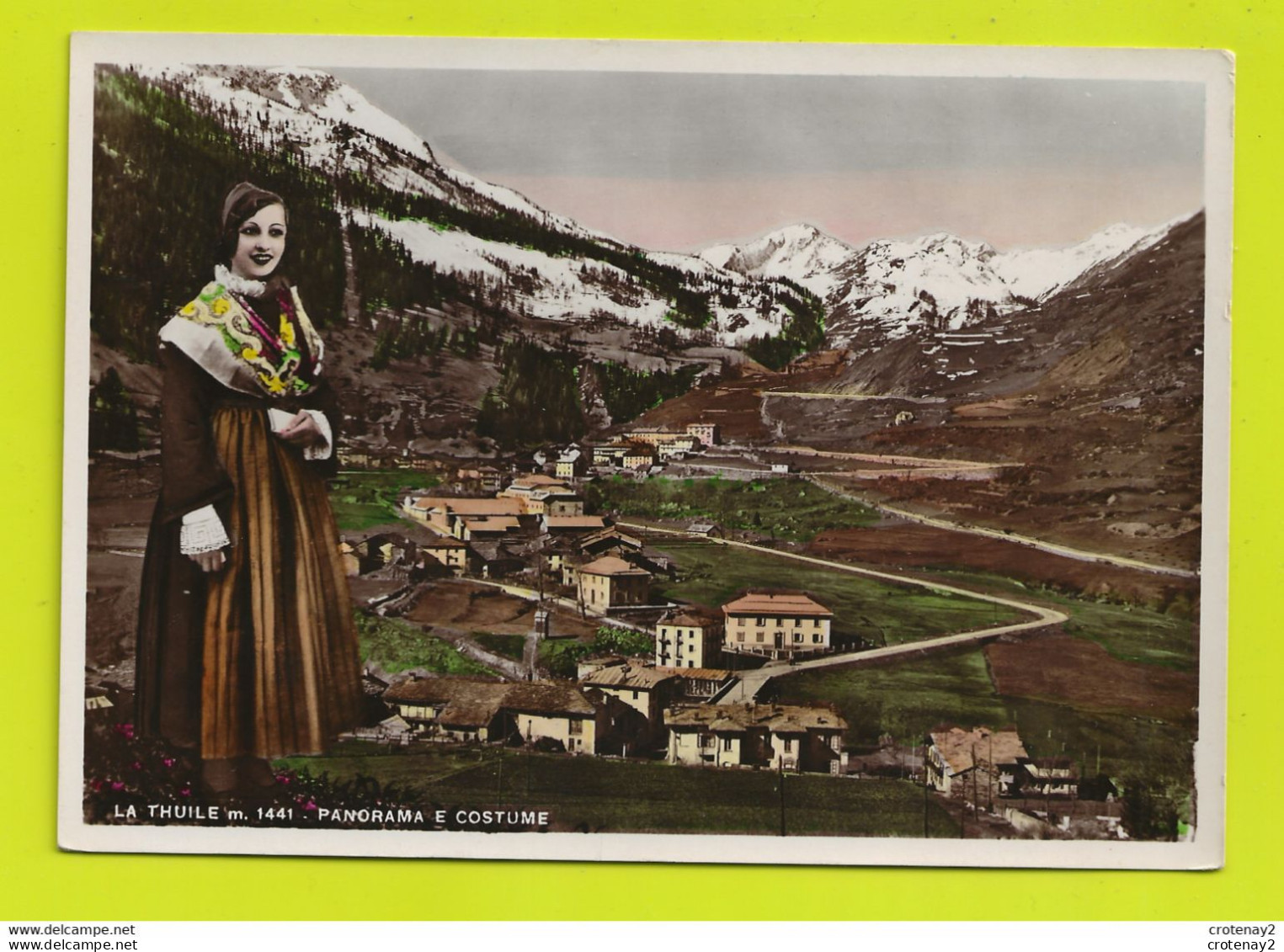 Vallée D'Aoste LA THUILE 144m Panorama E Costume Folklore Jeune Femme En Costume Et Coiffe Fotocelere Torino VOIR DOS - Altri & Non Classificati