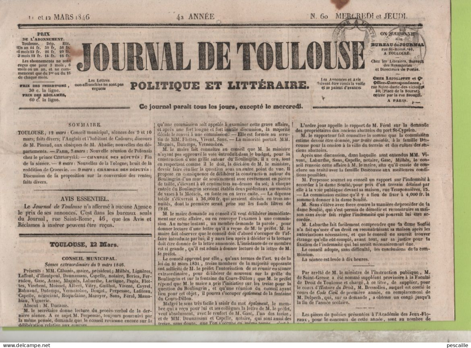 JOURNAL DE TOULOUSE 11 03 1846 - CONSEIL MUNICIPAL - ABADIE - ESCROQUERIE - TARBES - POLOGNE - REFUGIES POLONAIS - 1800 - 1849