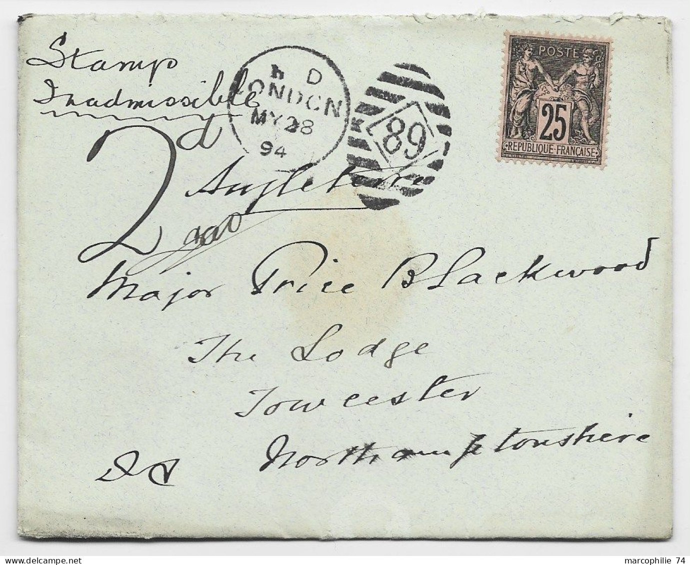 FRANCE SAGE 25C NEUF N° 97 LETTRE COVER MENTION STAMP INADMIS  OBL LONDON 1894 TO ENGLAND TAXE 2D RARE SUPERBE - 1877-1920: Période Semi Moderne