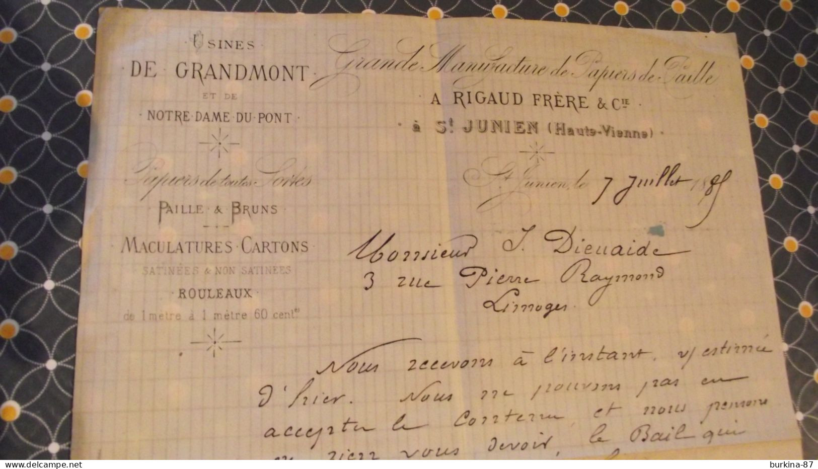 Saint Junien, Usine De Grandmont, Manufacture De Papiers De Paille , 1889, Document Commercial - 1800 – 1899