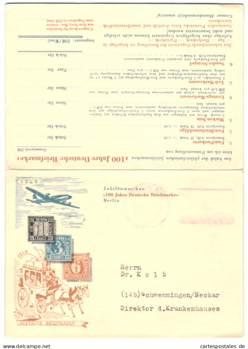 Klapp-AK Berlin, Die Jubiläumsschau 100 Jahre Deutsche Briefmarke, Postkutsche Und Postflugzeug  - Timbres (représentations)