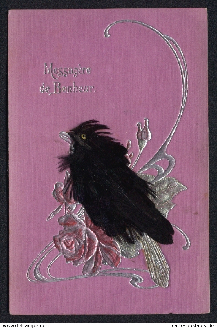 Echtfeder-AK Schwarzer Vogel Aus Echten Federn Auf Einer Geprägten Rose  - Sonstige & Ohne Zuordnung