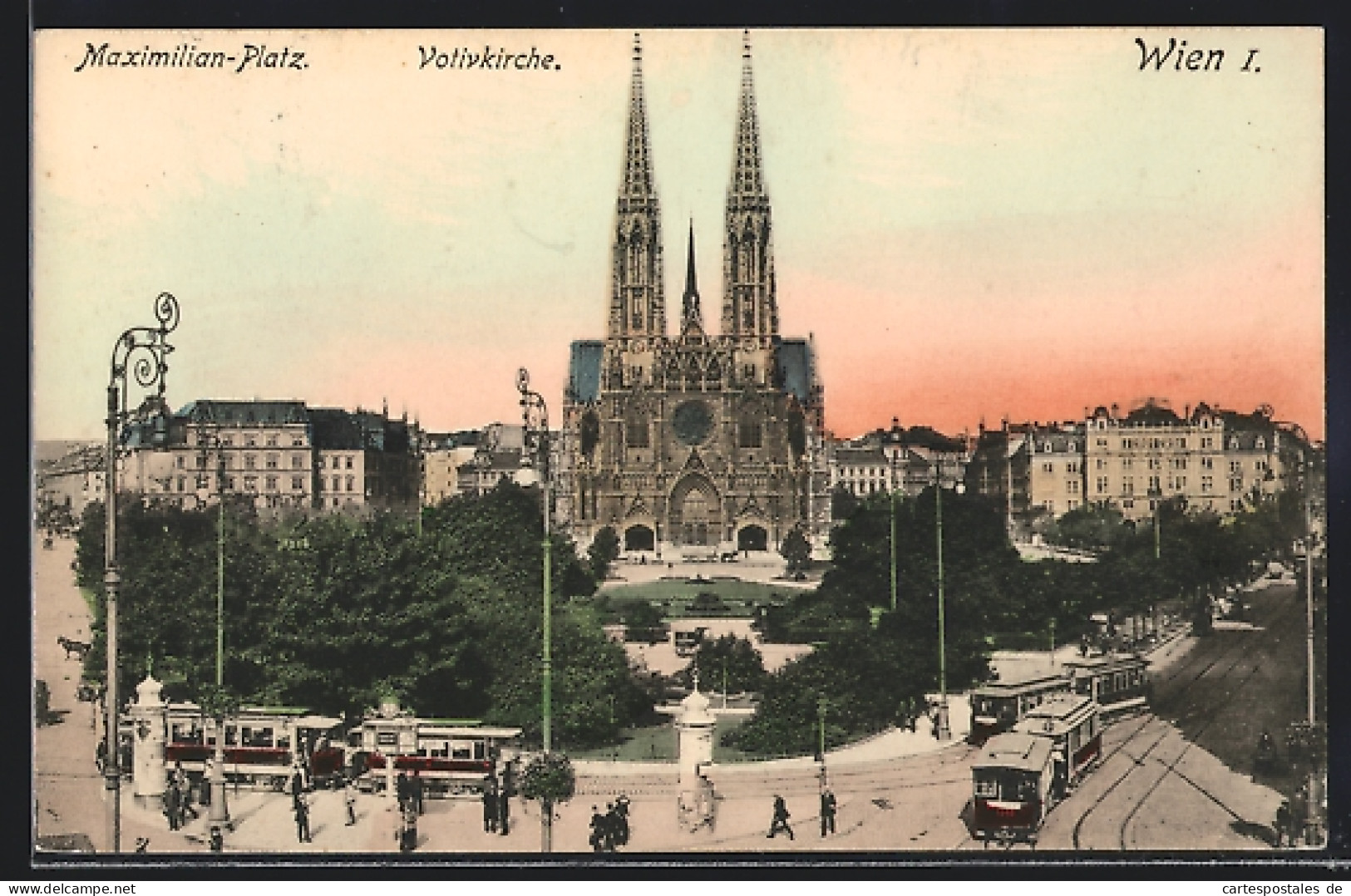 AK Wien, Maximilian-Platz Mit Votivkirche Und Strassenbahn  - Strassenbahnen