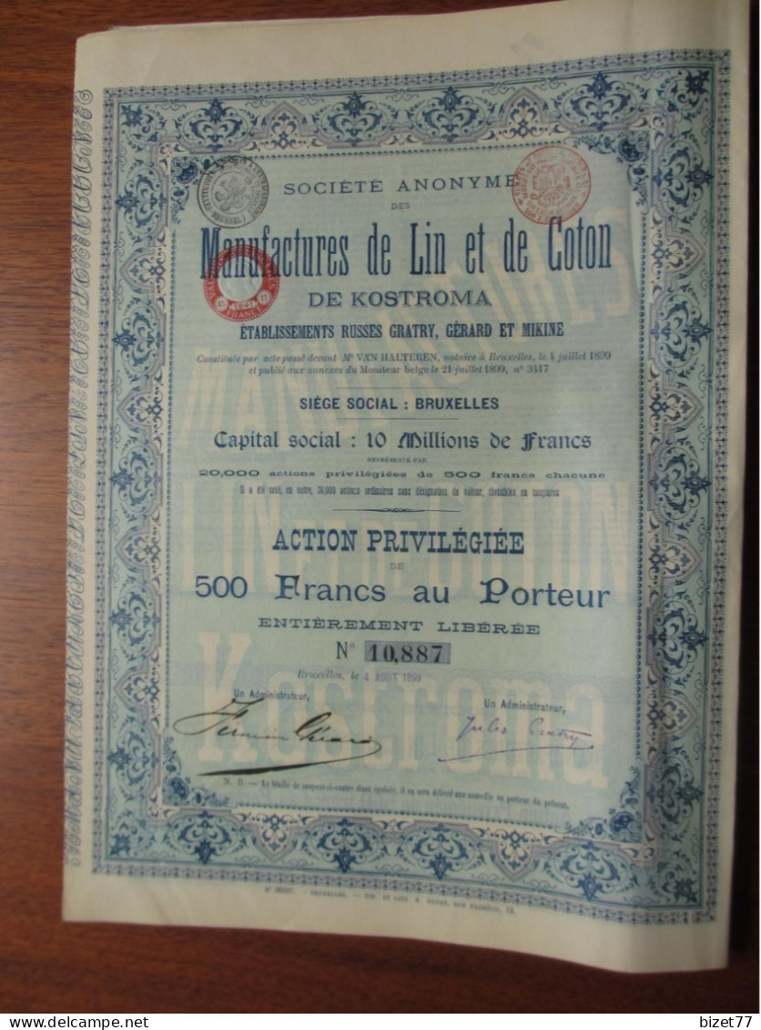 RUSSIE - LOT DE 3 TITRES - MANUFACTURES DE LIN & COTON DE KOSTROMA - ACTION PRIVILEGIEE DE 500 FRS - BRUXELLES 1899 - Andere & Zonder Classificatie