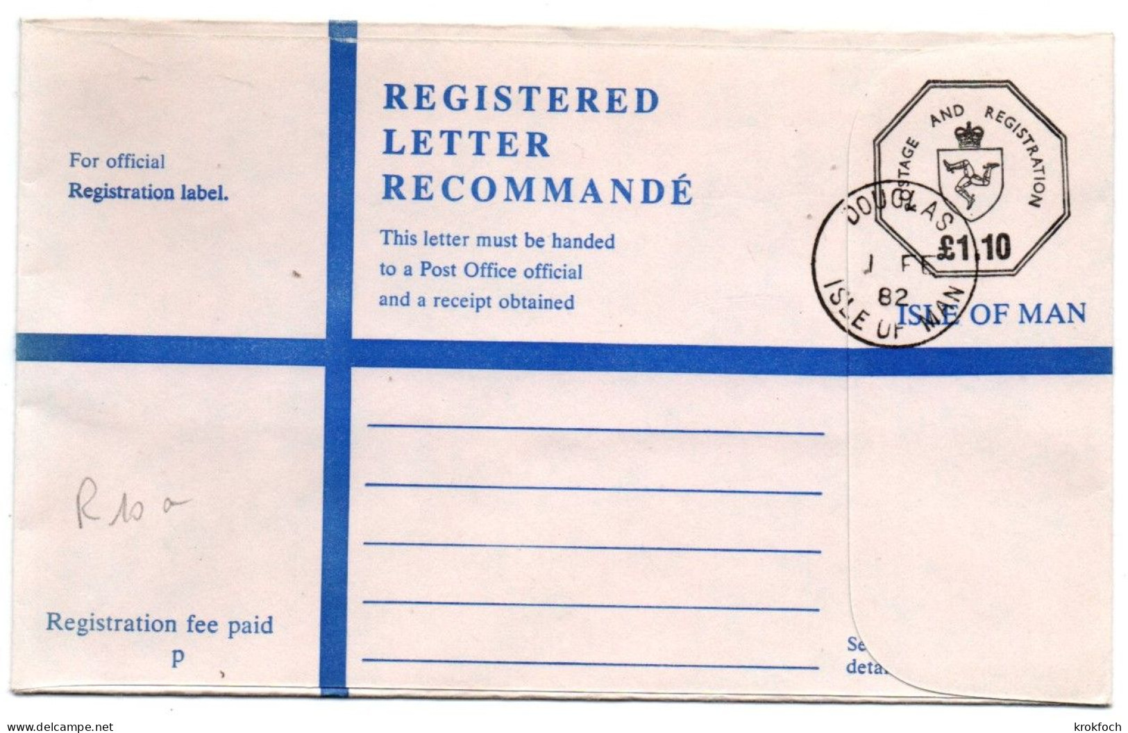 Isle Of Man - Registered Envelope - 1,10 - Douglas 1982 - Man (Ile De)