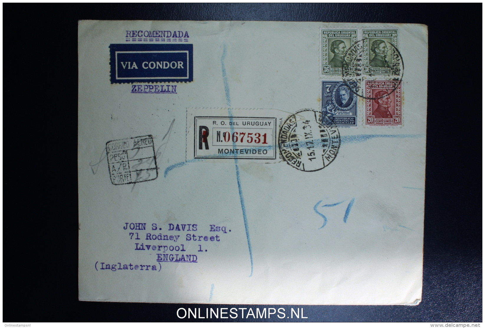 Graf Zeppelin 8. Sudamerikafahrt Sieger 275 C  Mixed Stamps. Registered Cover Montevideo  To Liverpool UK - Uruguay