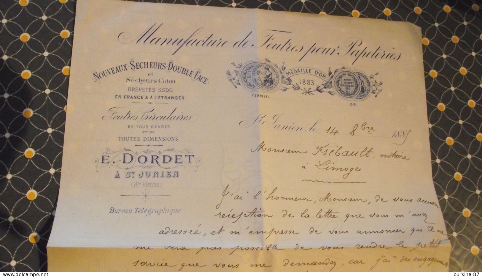 Saint Junien, Manufacture De Feutres Pour Papeteries , 1885, Document Commercial, E DORDET - 1800 – 1899