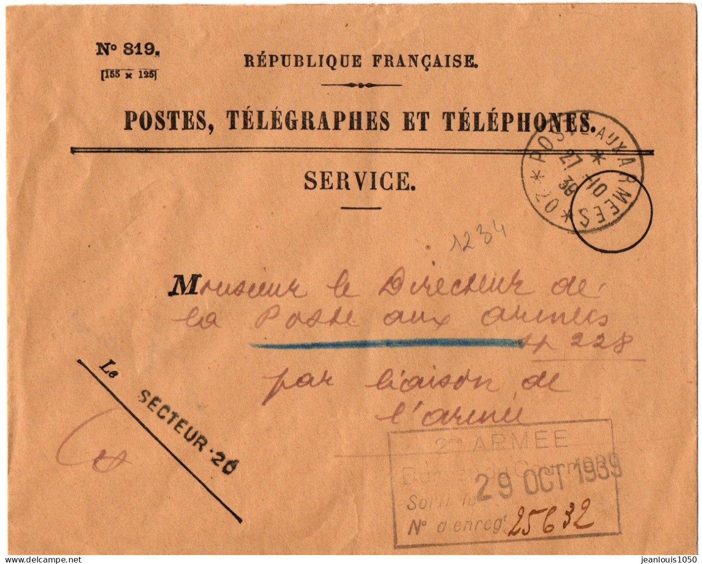 FRANCE LETTRE ADMINISTRATIVE EN FRANCHISE OBLITEREE CACHET POSTE AUX ARMEES 20 27 10 1039  GRIFFE SECTEUR 20 - Guerre De 1939-45