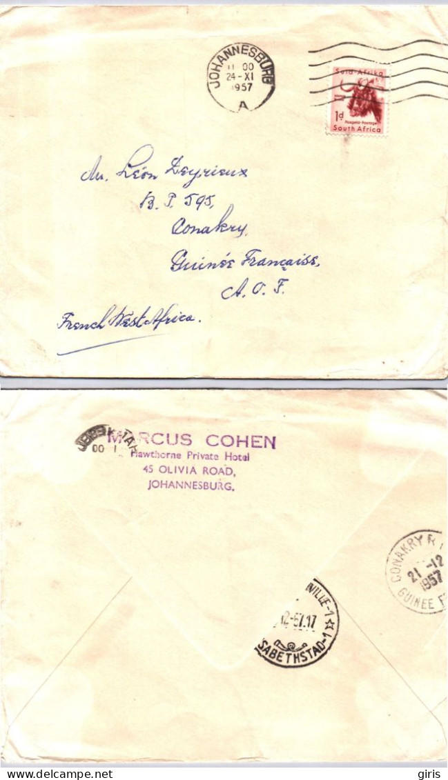 Afrique Du Sud - Lettre - Obl Johannesburg 1957 - Cachet Elisabethville Elisabethstad - Pour Conakry Guinée Française - Brieven En Documenten