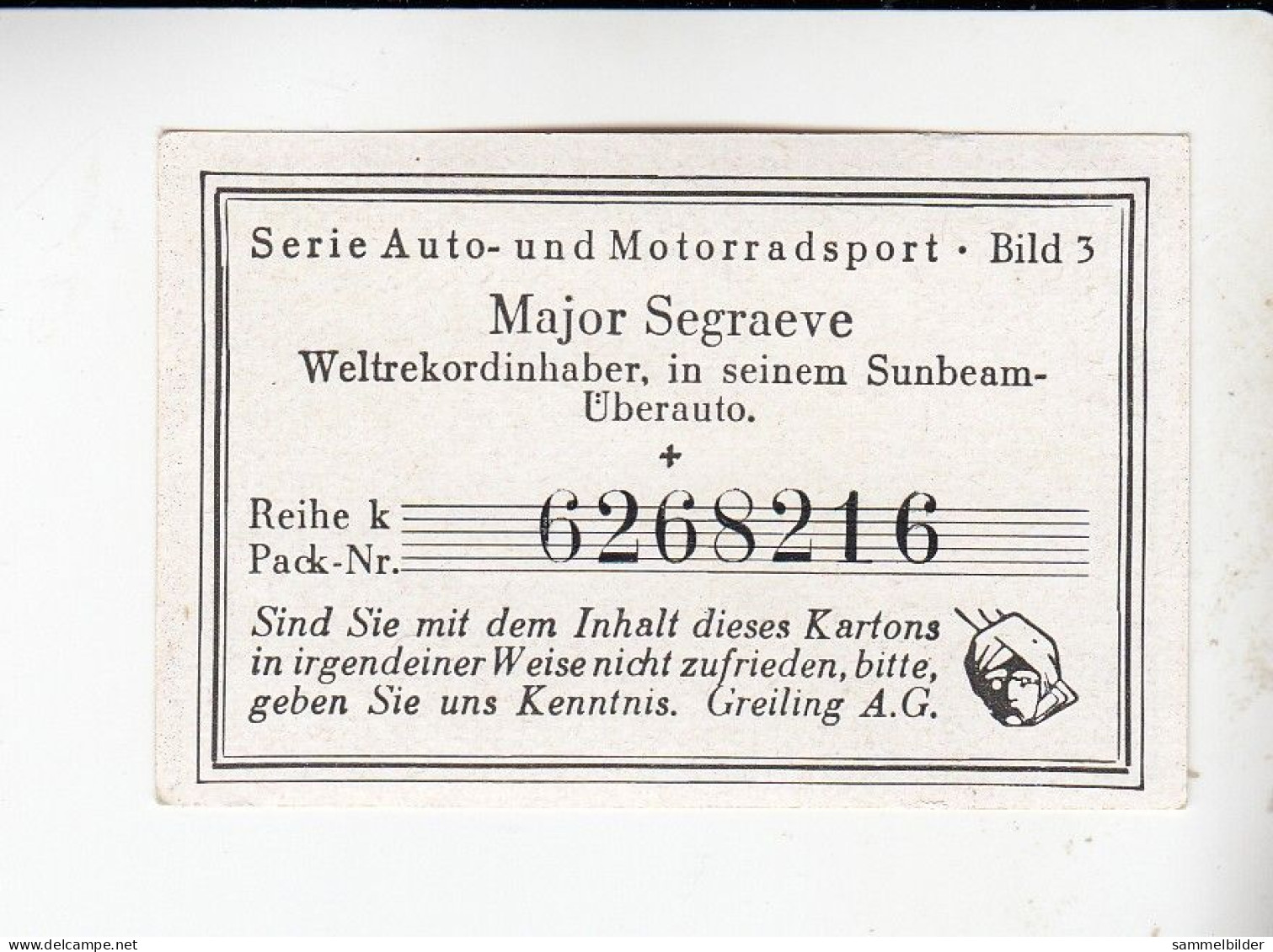 Greiling Sportbilder  Auto Und Motorradsport Major Segraeve Sunbeam Überauto  #3   Von 1928 - Autres Marques