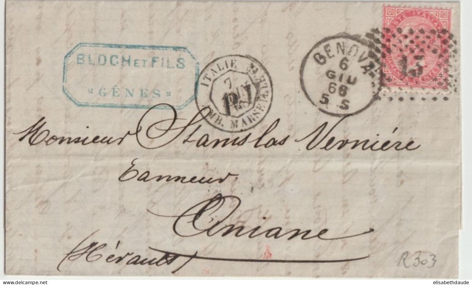 1868 - LETTRE De GENOVA / MARITIME - ENTREE AMBULANT- ITALIE AMB.MARSEILLE C ! => ANIANE (HERAULT) - Poste Maritime