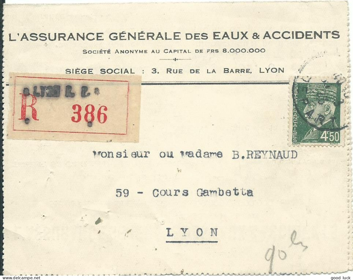 FRANCE LETTRE RECOMMANDEE 4F50 LYON ( RHONE ) POUR LYON DE 1948  LETTRE COVER - 1921-1960: Période Moderne