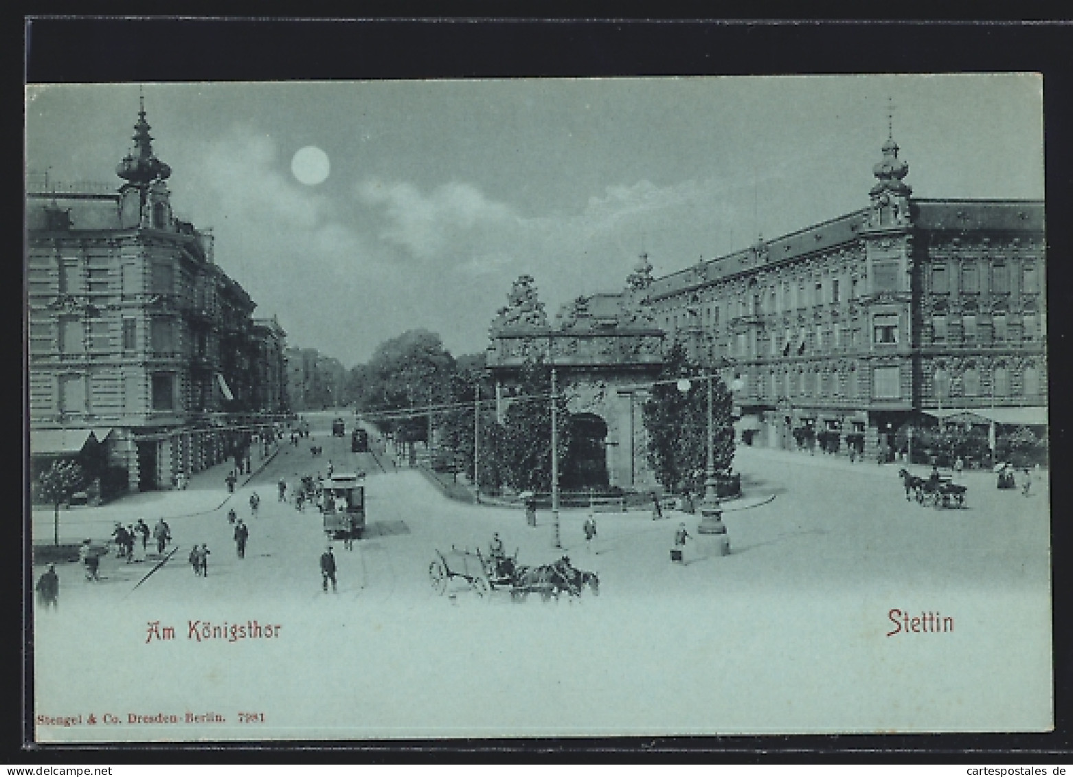 Mondschein-AK Stettin, Am Königstor Mit Strassenbahn  - Strassenbahnen