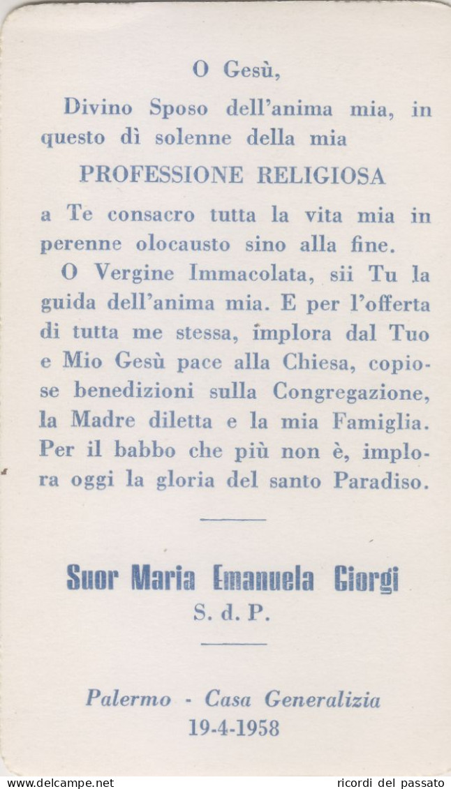 Santino Ricordo Professione Religiosa - Palermo 1958 - Andachtsbilder