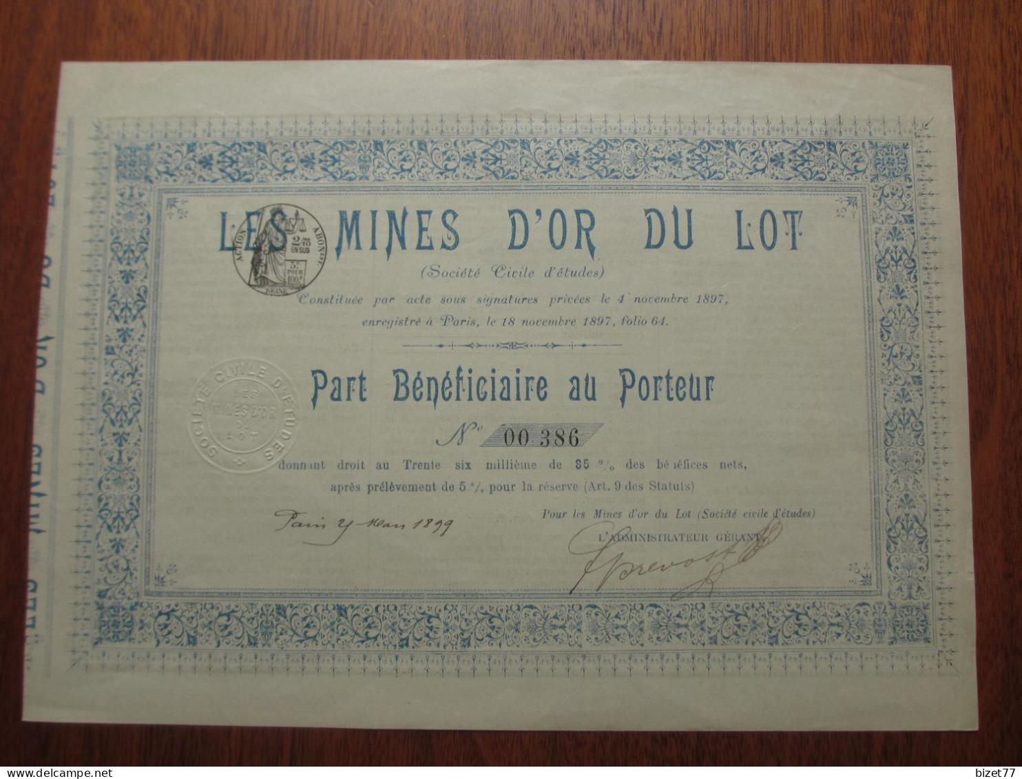 FRANCE - 46 - LOT - LES MINES D'OR DU LOT - PART BENEFICIAIRE - PARIS 1899 - Sonstige & Ohne Zuordnung