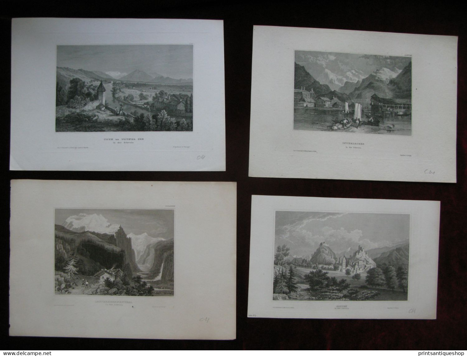 Switzerland 4x Antique Engraving Interlaken Sitten Lauterbrunnen Thun Thunersee - Estampes & Gravures
