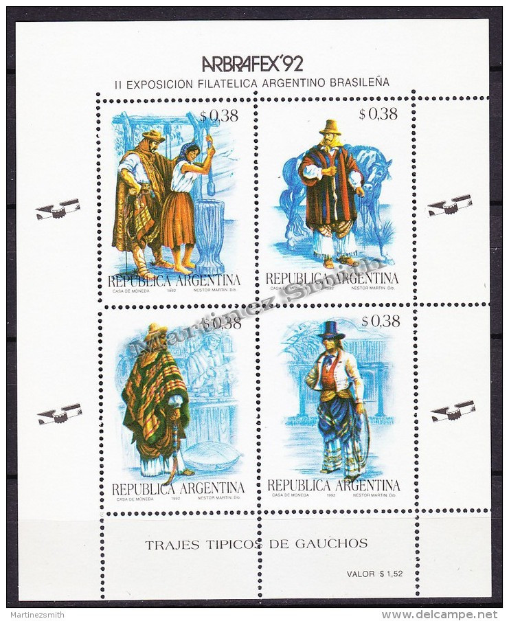 Argentina 1992 Yvert BF 52, Arbrafex '92, Philatelic Exhibition - Typical Costumes - MNH - Ongebruikt