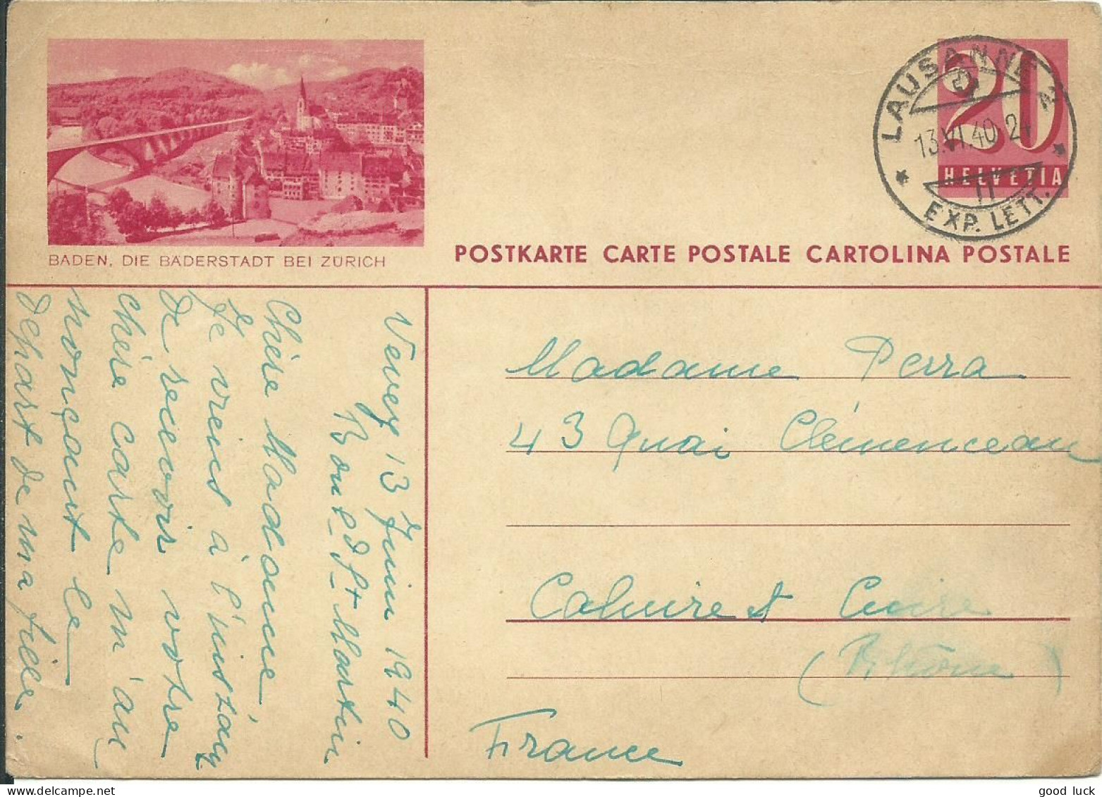 SUISSE CARTE/ENTIER 20c LAUSANNE POUR CALUIRE ( RHONE ) DE 1940  LETTRE COVER - Entiers Postaux