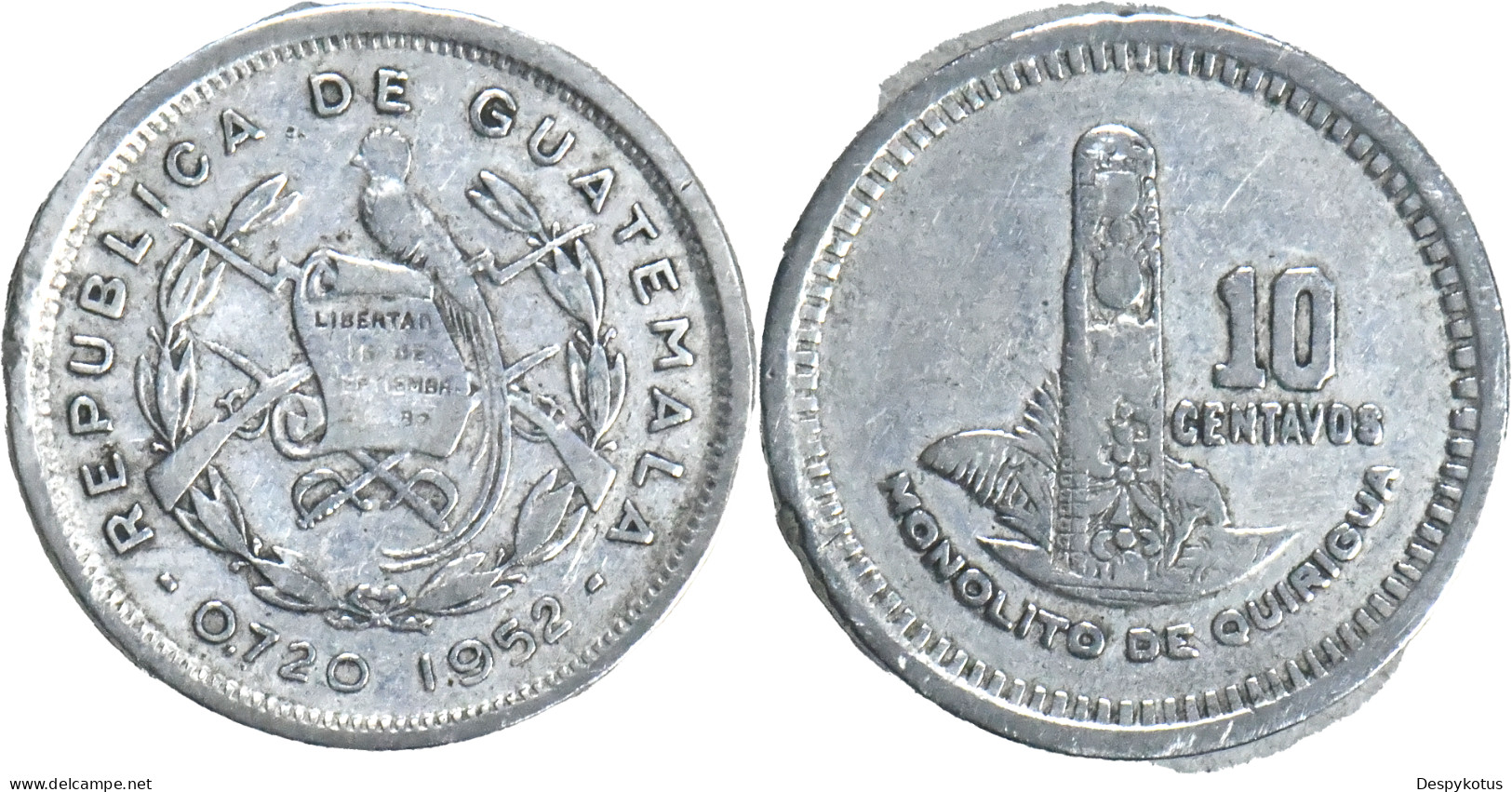 GUATEMALA - 1952 - 10 Centavos - Monolithe - 307 139 Ex. - ARGENT (720‰) 20-041 - Guatemala