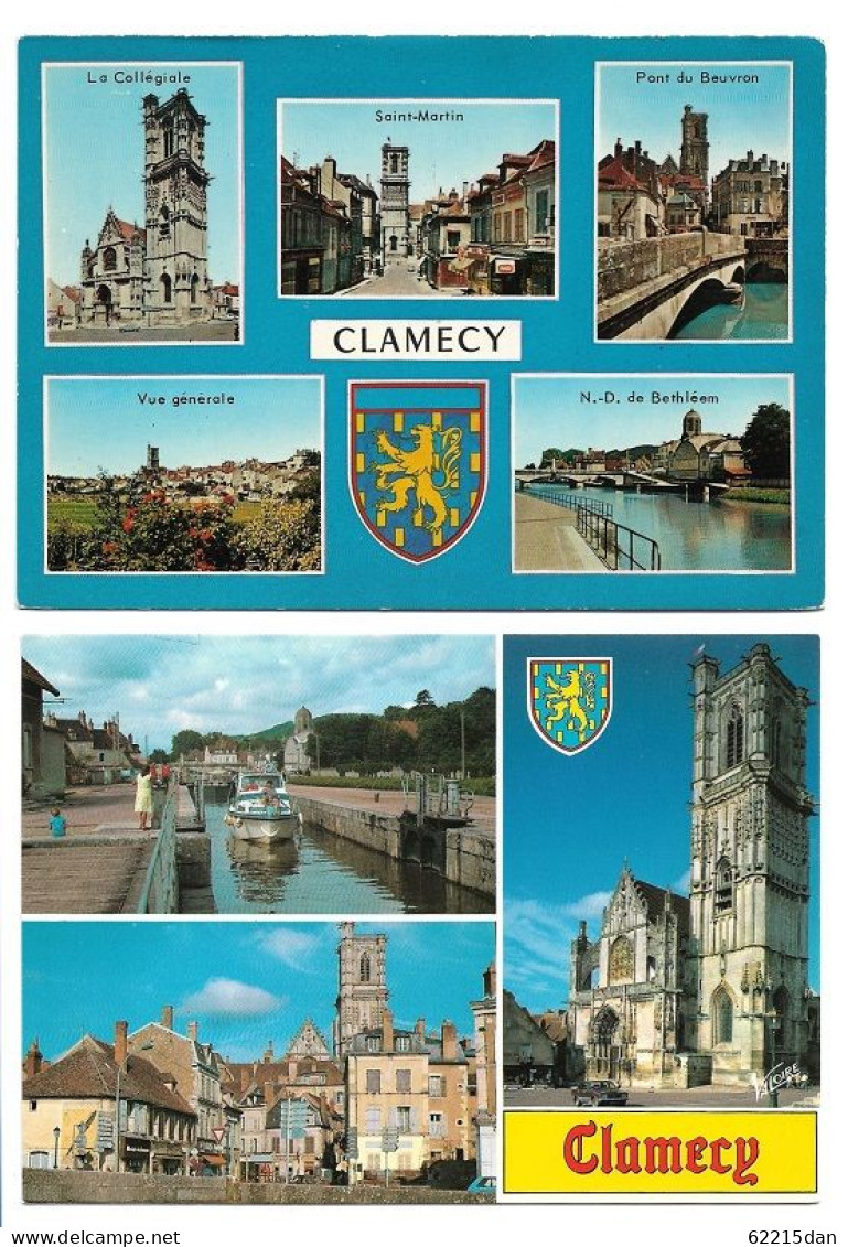 58 . CLAMECY . LA COLLEGIALE . SAINT MARTIN . PONT DE BEUVRON . VUE GENERALE . NOTRE DAME DE BETHLEEM . LOT DE 2 CARTES - Clamecy