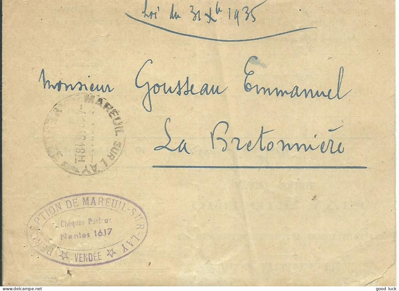 FRANCE LETTRE PERCEPTION DE MAREUIL SUR LAY ( VENDEE ) DE 1946  LETTRE COVER - Lettres Civiles En Franchise