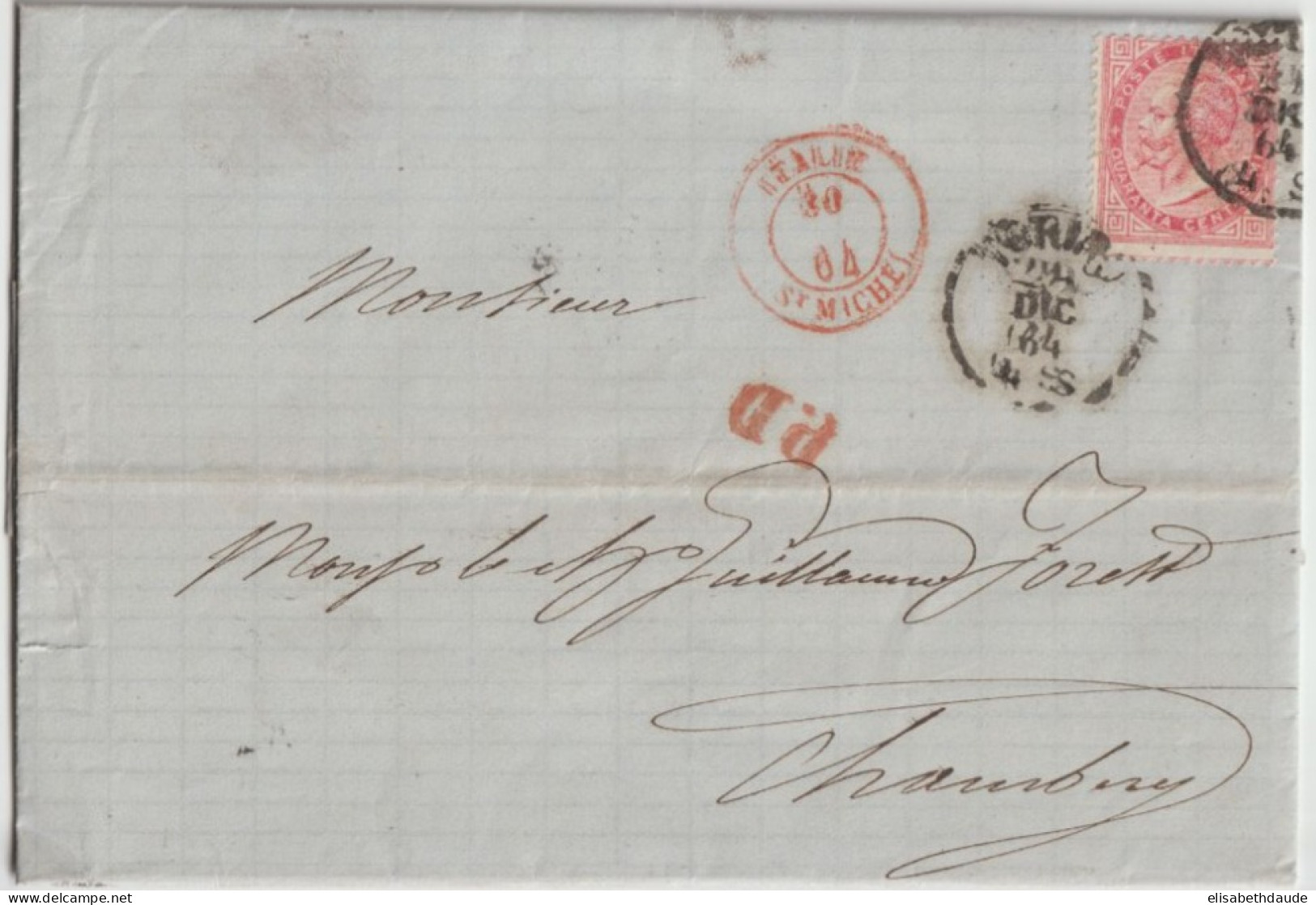 1864 - LETTRE De TORINO - ENTREE  ITALIE ST MICHEL (RARE) ! => CHAMBERY - Marques D'entrées