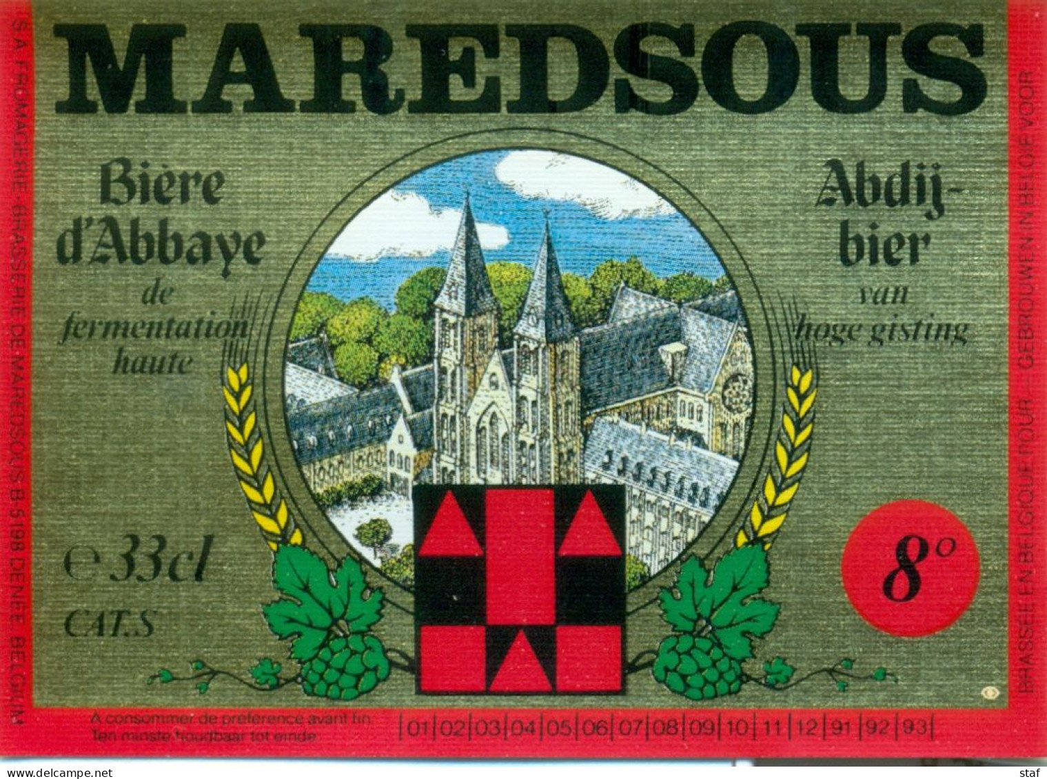 Oud Etiket Bier Maredsous 8° Abdijbier - Bière D'Abbaye - Brouwerij / Brasserie De Maredsous - Beer