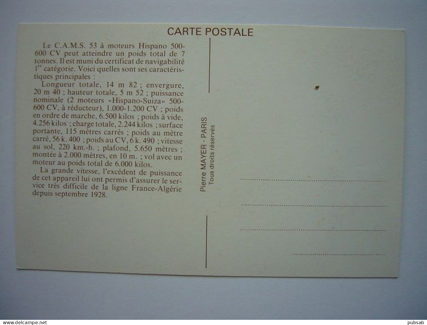 Avion / Airplane / AIR FRANCE / C.A.M.S. 53 / Ligne France - Algérie / Carte Maximum - 1919-1938: Interbellum